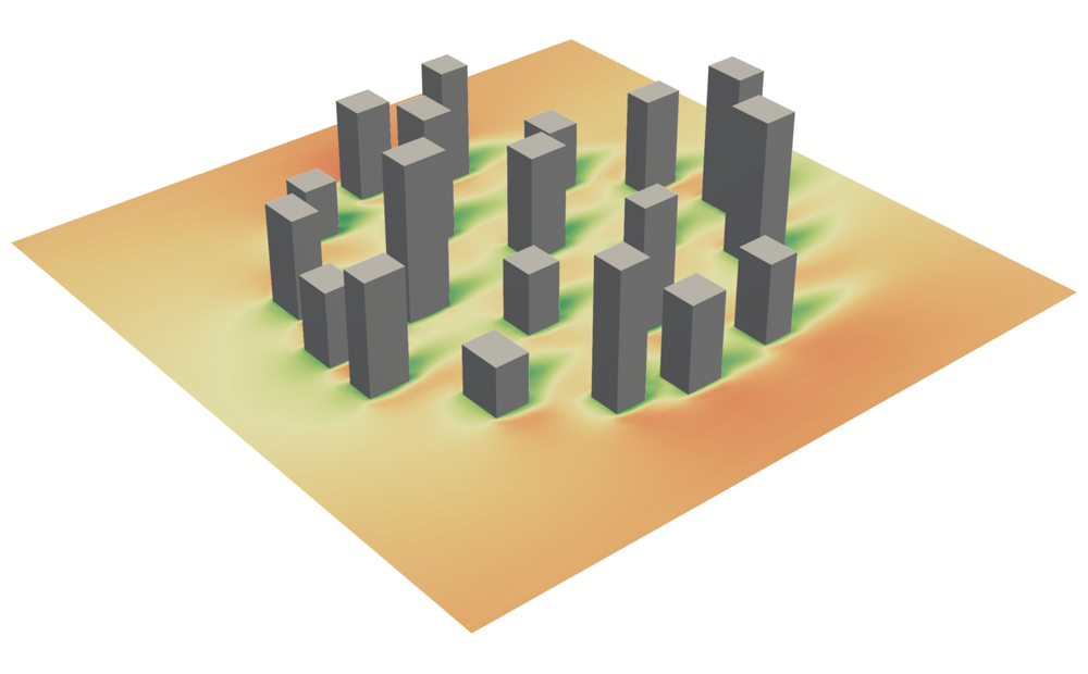 City block with buildings over a pedestrian wind speed field