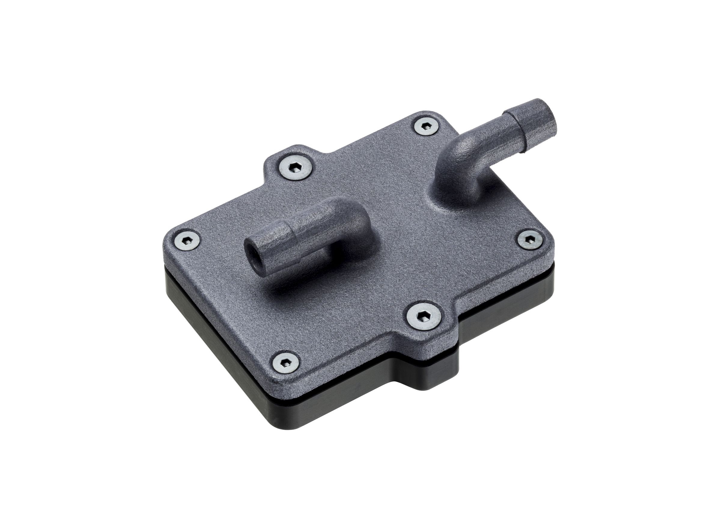 Assembled Waterblock v1 with PA12 lid and hose barbs